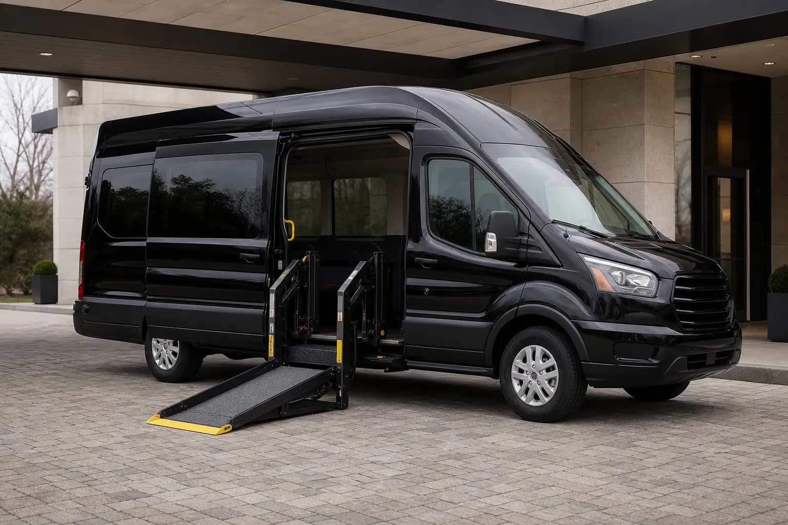 Black wheelchair-accessible passenger van with a deployed side-entry lift.