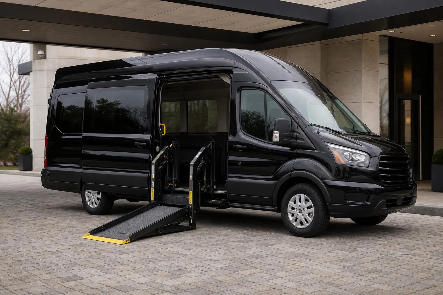 Black wheelchair-accessible passenger van with a deployed side-entry lift.