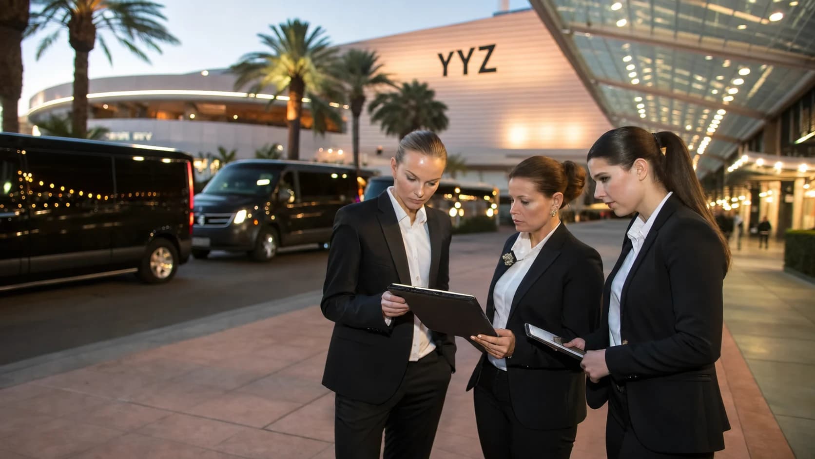 Three professional mobility coordinators reviewing an active movement plan at YYZ